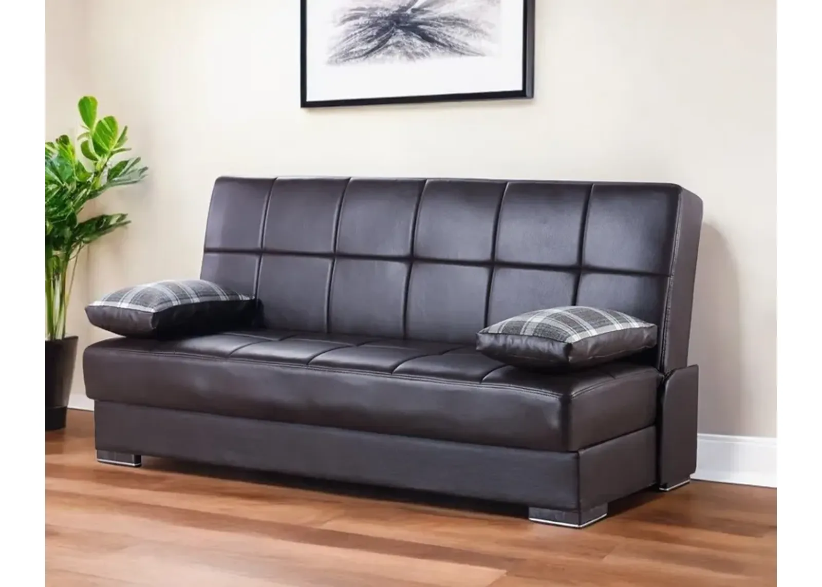 Sleeper Sofa Faux Leather And Toss Pillows With Brown Legs - Dark Brown