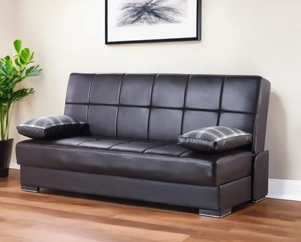 Sleeper Sofa Faux Leather And Toss Pillows With Brown Legs - Dark Brown