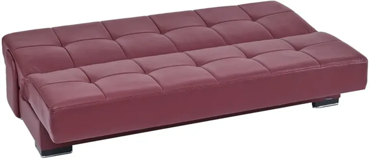 Faux Leather Convertible Futon Sleeper Sofa And Toss Pillows With Brown Legs - Burgundy