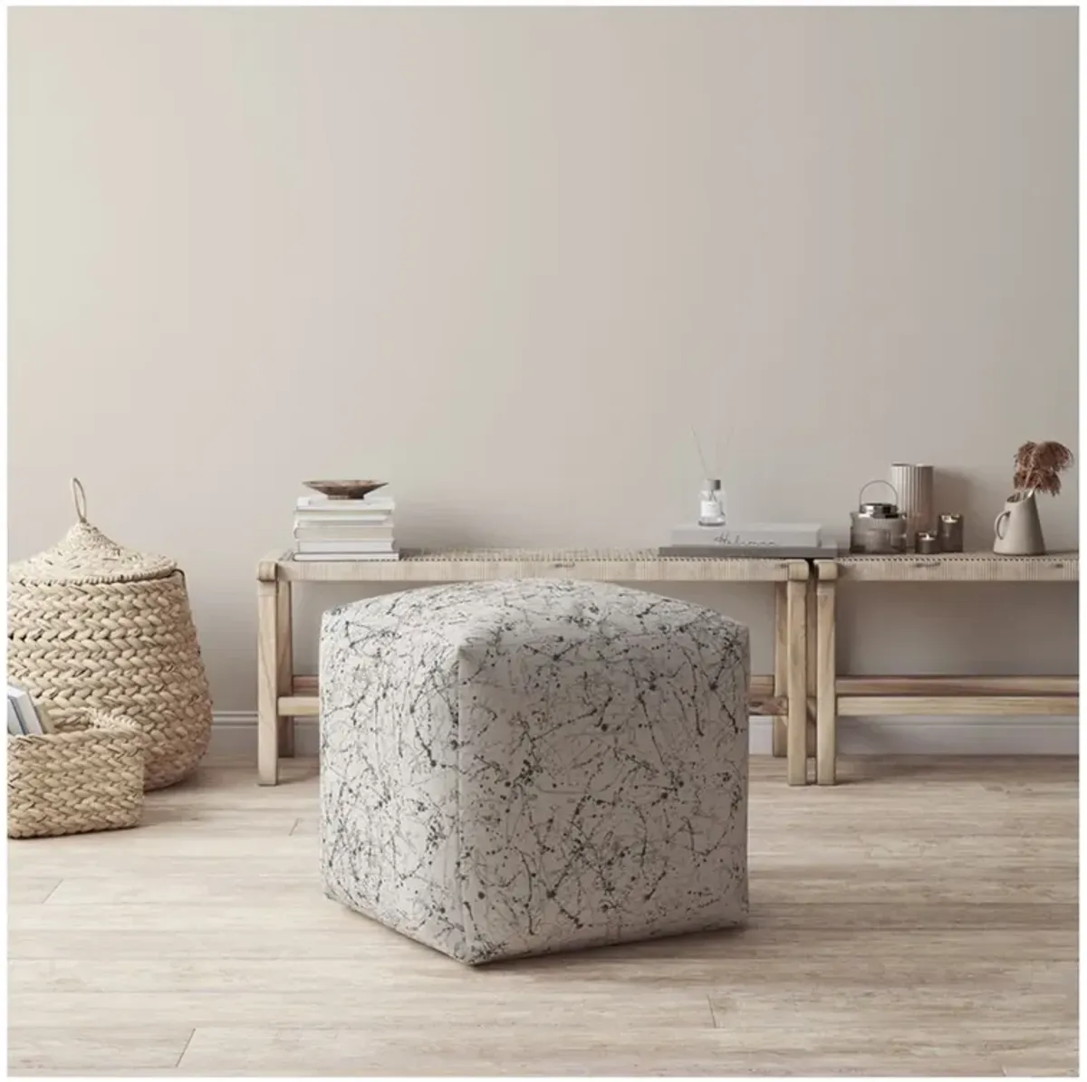 Cotton Abstract Pouf Ottoman - Beige