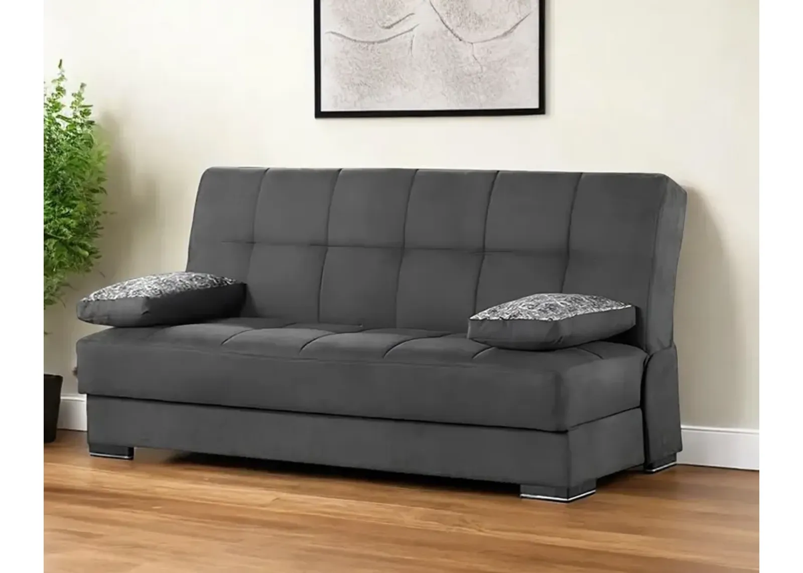 Chenille Sleeper Sofa And Toss Pillows With Brown Legs - Black