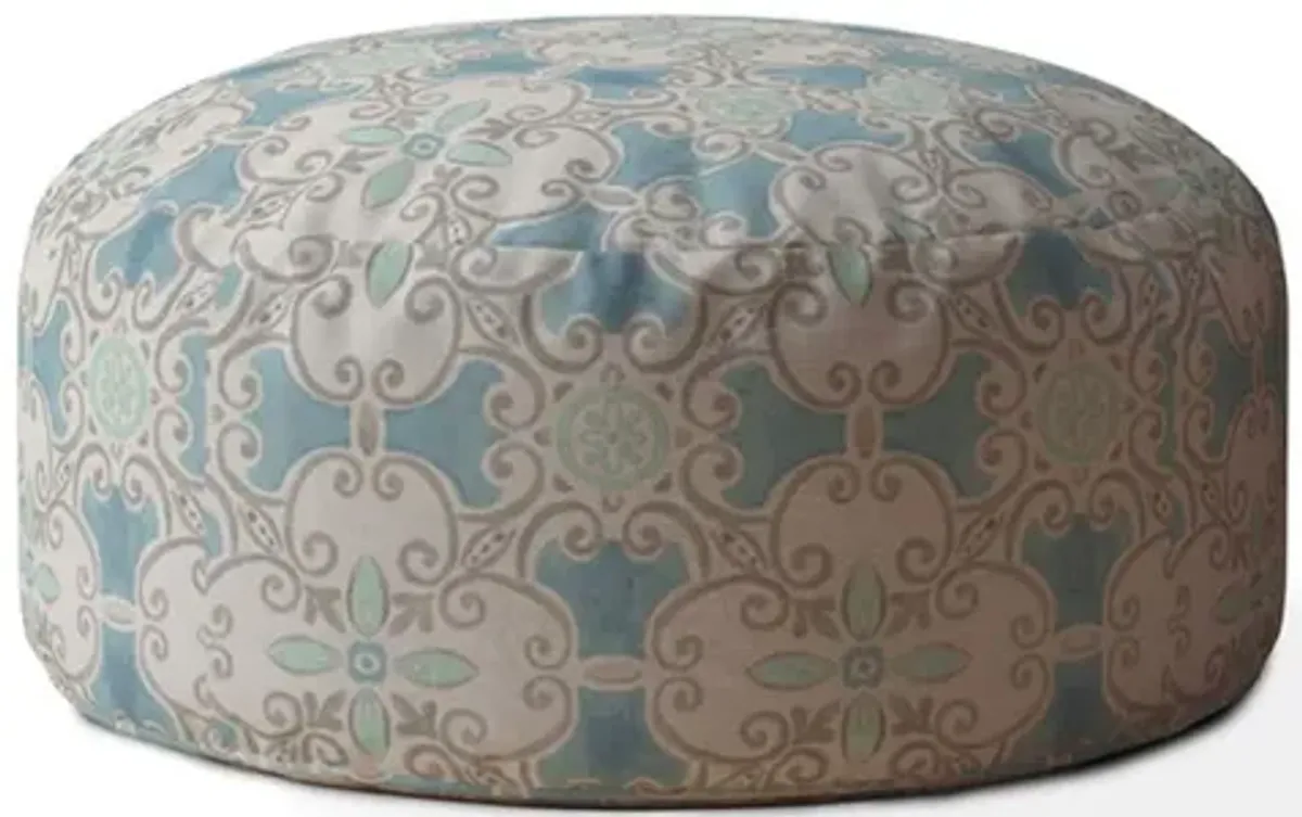 Cotton Round Ikat Pouf Ottoman - Blue