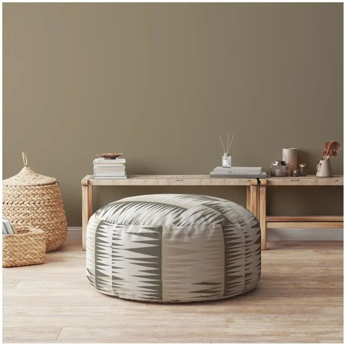 Cotton Round Chevron Pouf Ottoman - Beige