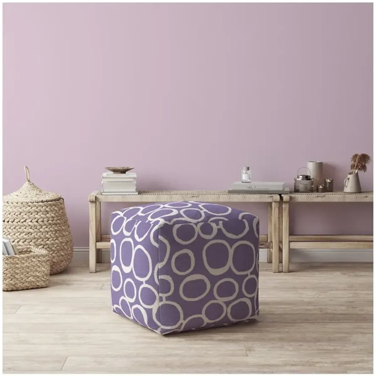 Cotton Abstract Pouf Ottoman - Purple / White