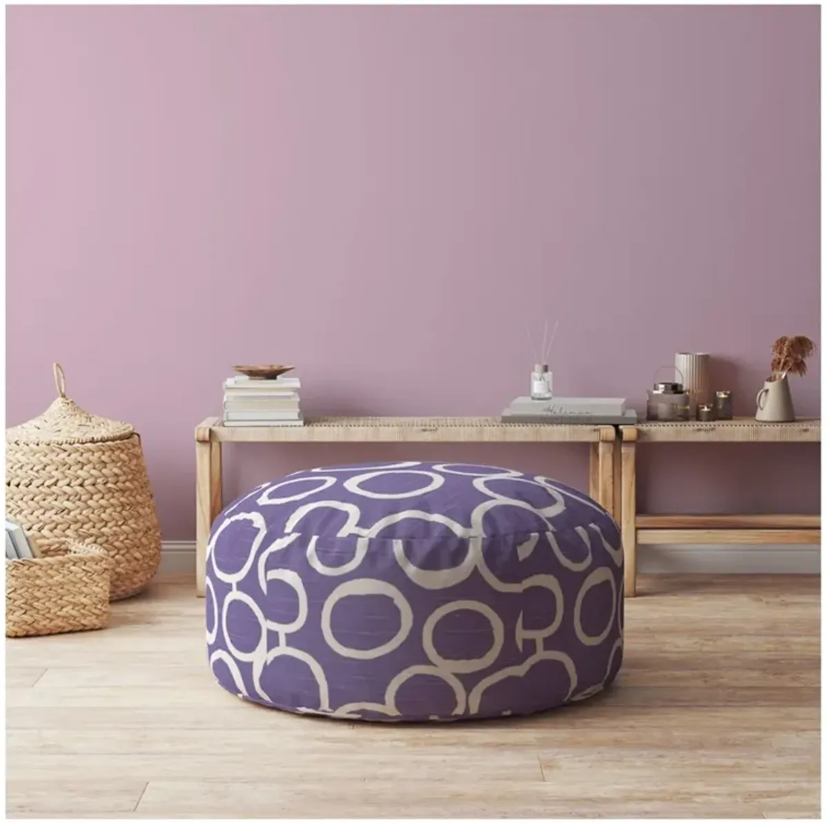 Cotton Round Abstract Pouf Ottoman - Purple / White