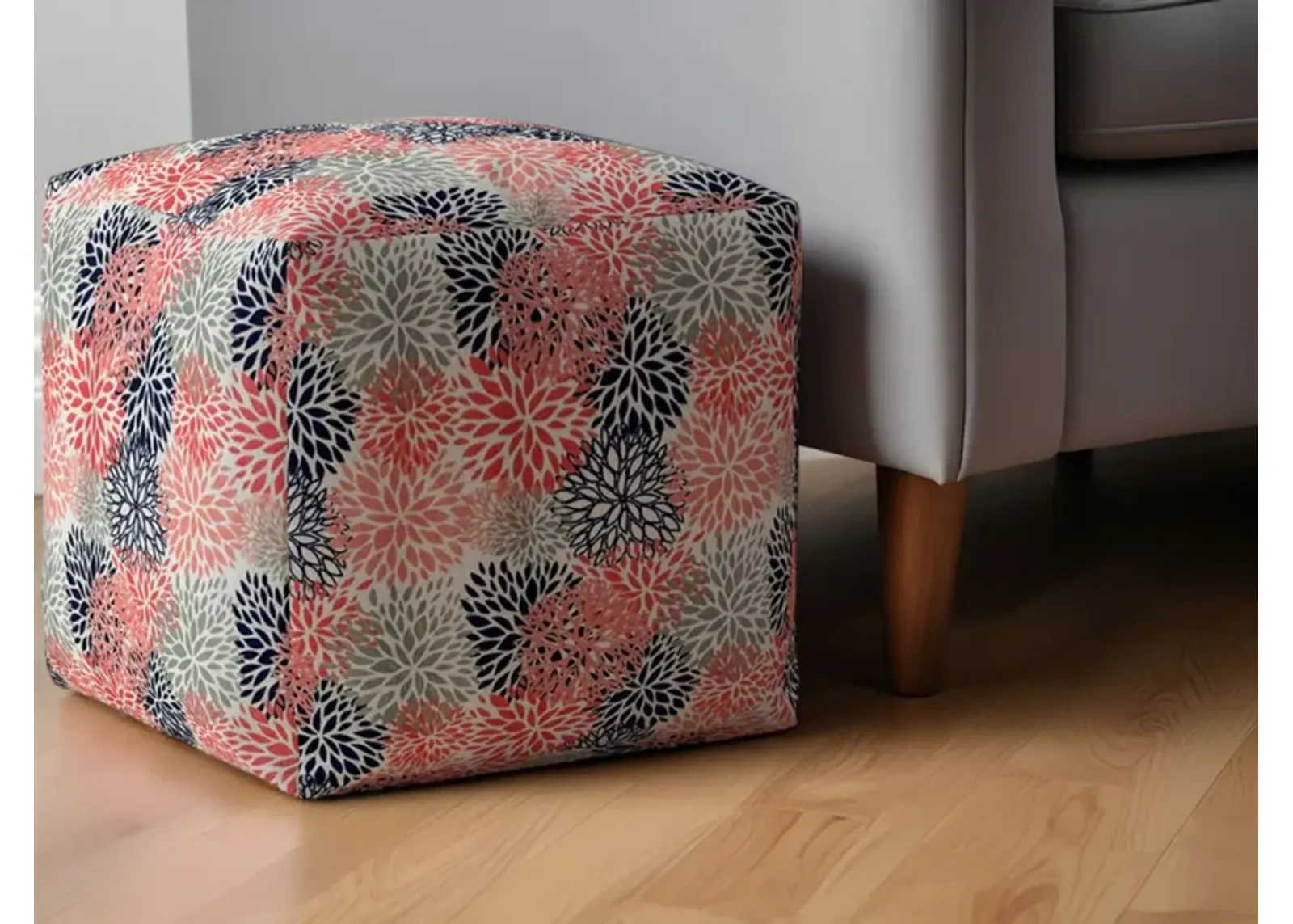 Polyester Floral Pouf Ottoman - Coral