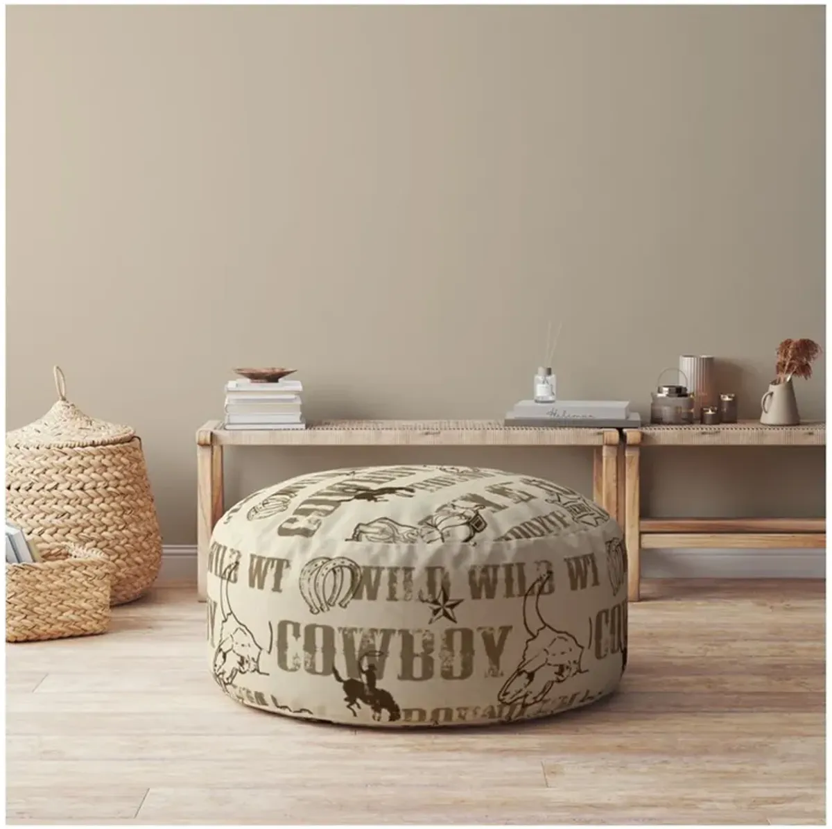 Cotton Round Animal Print Pouf Ottoman - Brown