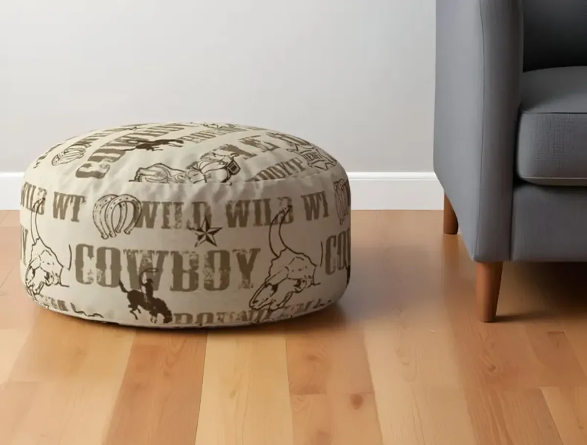 Cotton Round Animal Print Pouf Ottoman - Brown