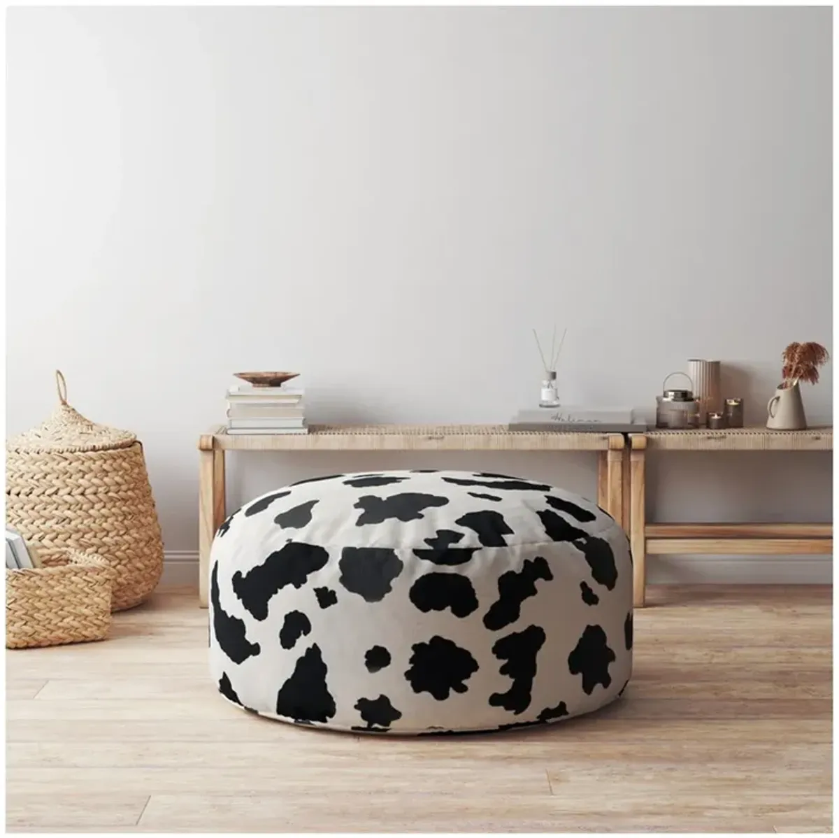 Twill Round Animal Print Pouf Ottoman - Black / White