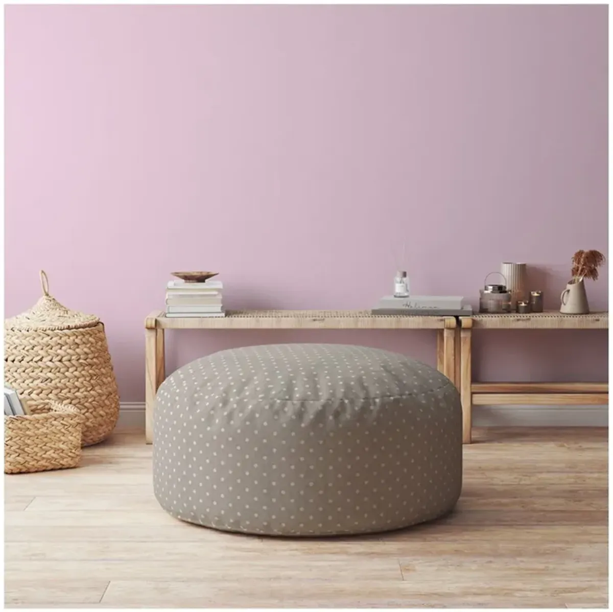 Cotton Round Polka Dots Pouf Ottoman - Gray