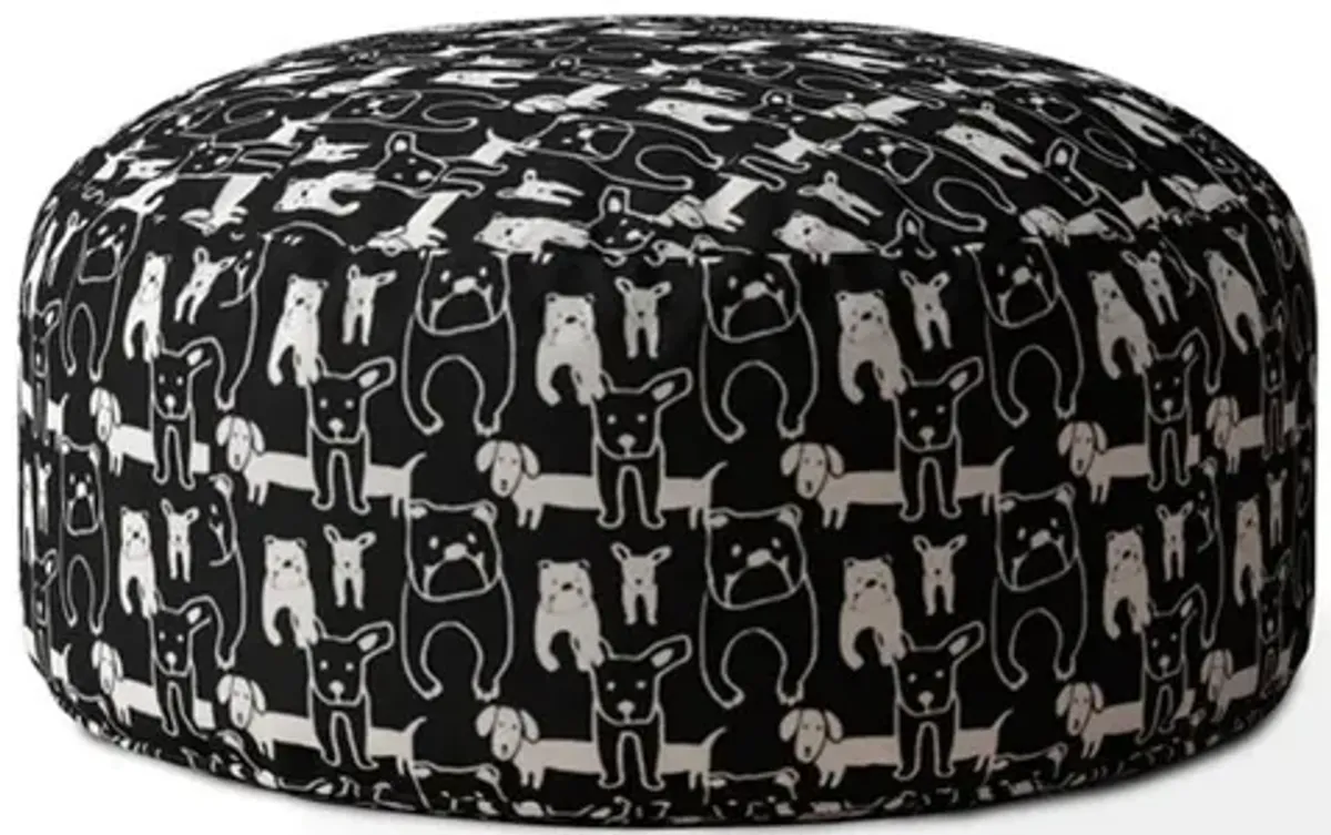 Cotton Round Animal Print Pouf Ottoman - Black