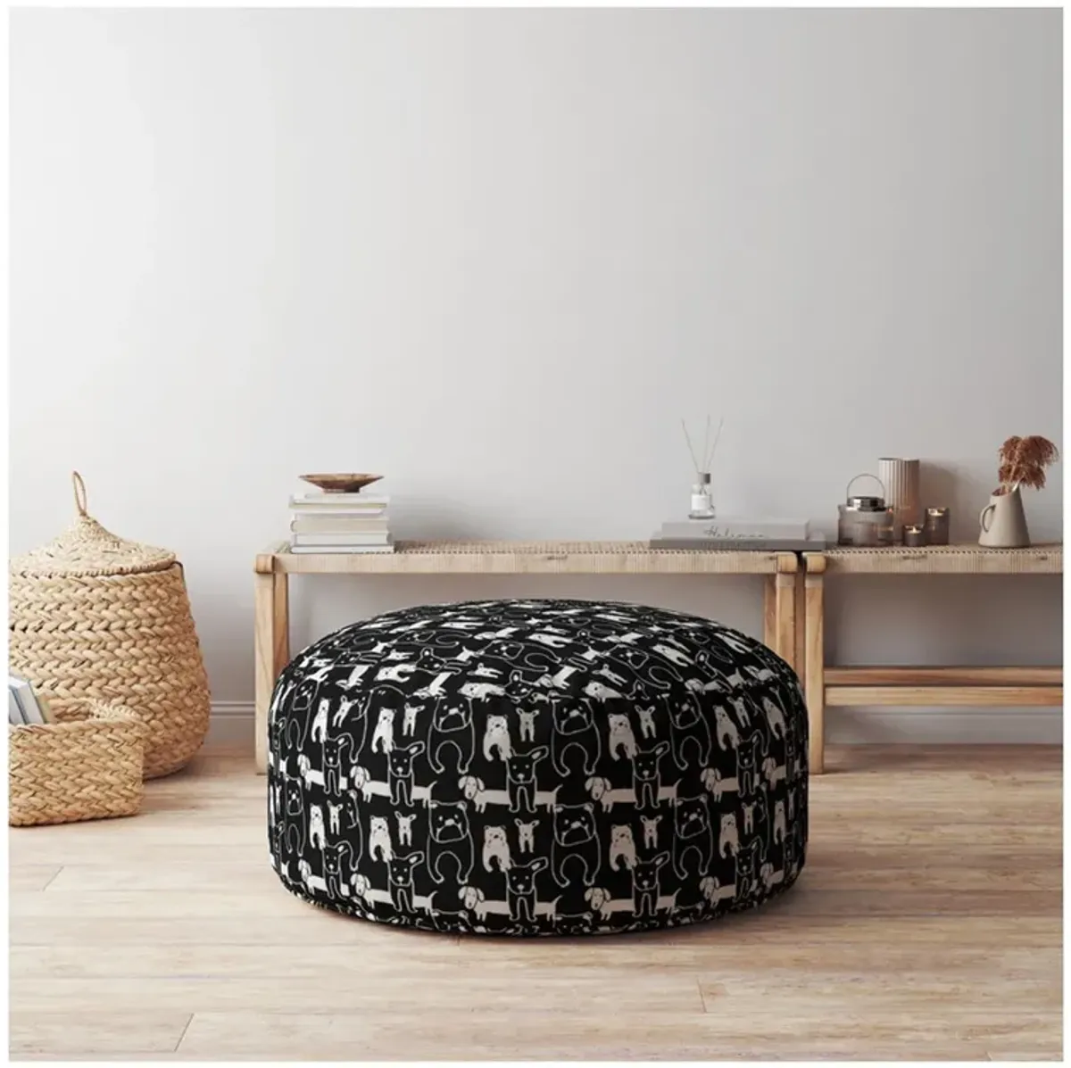 Cotton Round Animal Print Pouf Ottoman - Black