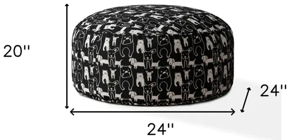 Cotton Round Animal Print Pouf Ottoman - Black