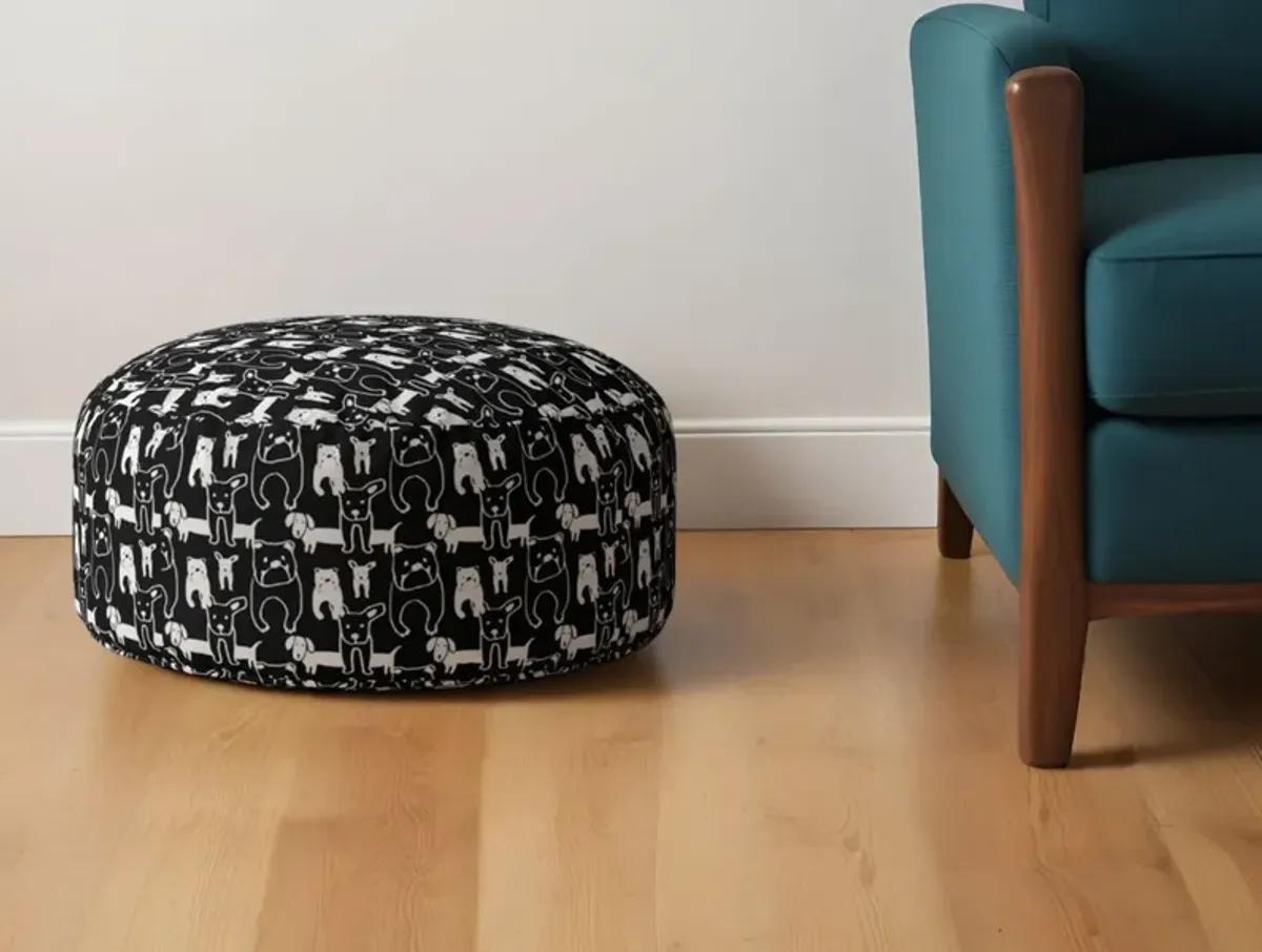 Cotton Round Animal Print Pouf Ottoman - Black