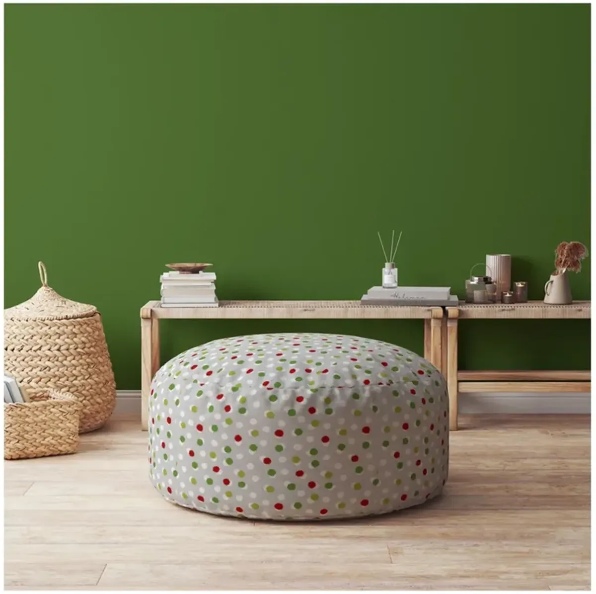 Cotton Round Polka Dots Pouf Ottoman - Green