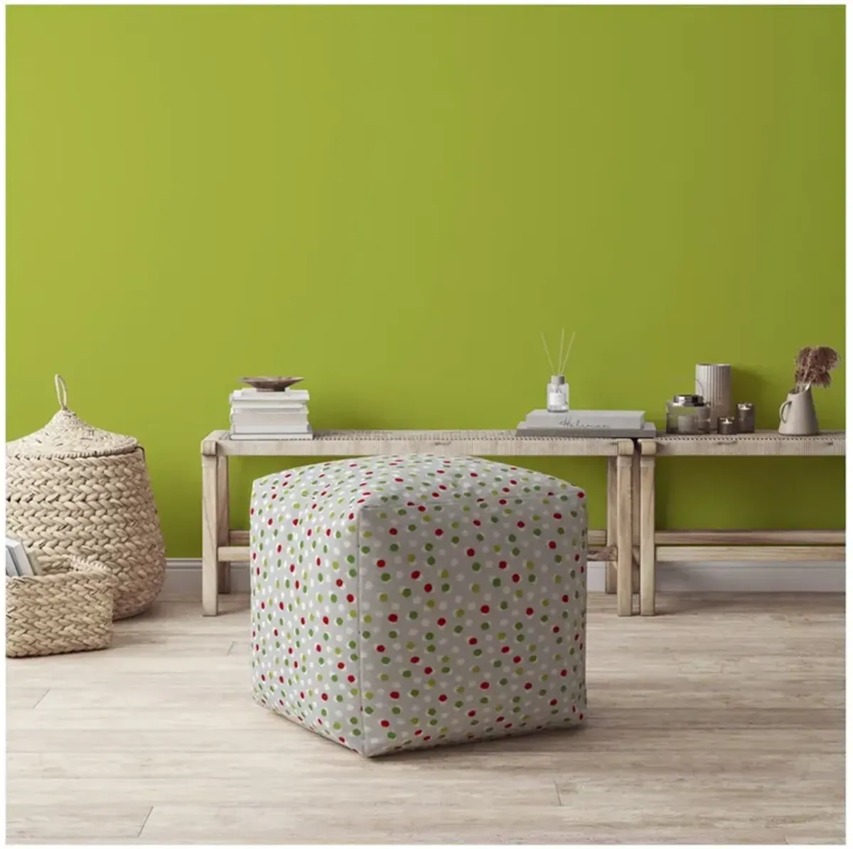 Cotton Polka Dots Pouf Ottoman - Green