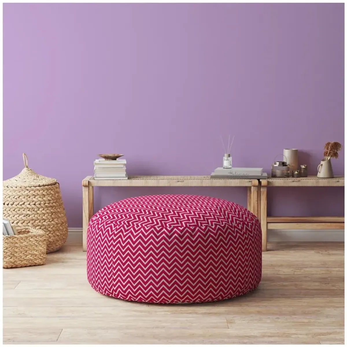 Cotton Round Chevron Pouf Ottoman - Pink