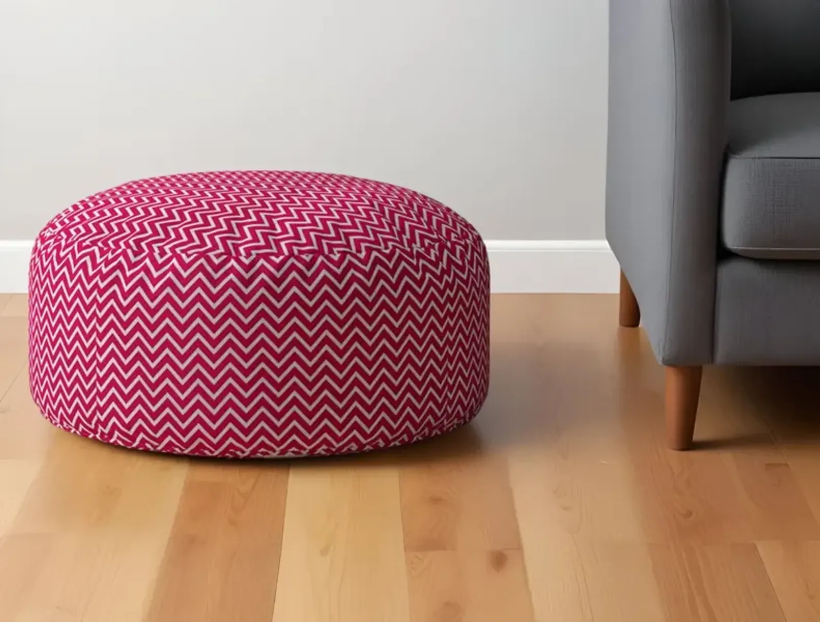 Cotton Round Chevron Pouf Ottoman - Pink