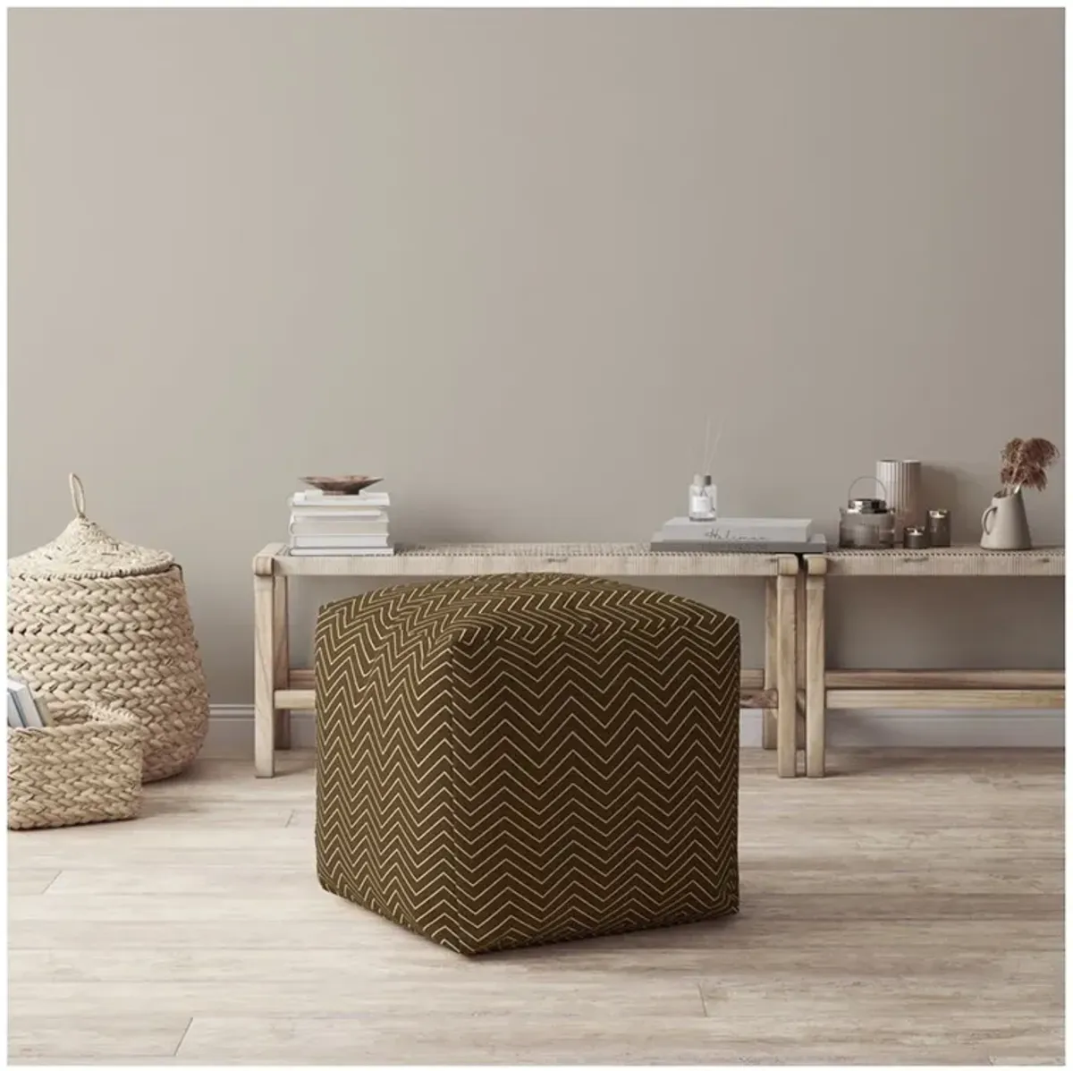 Cotton Chevron Pouf Ottoman - Brown