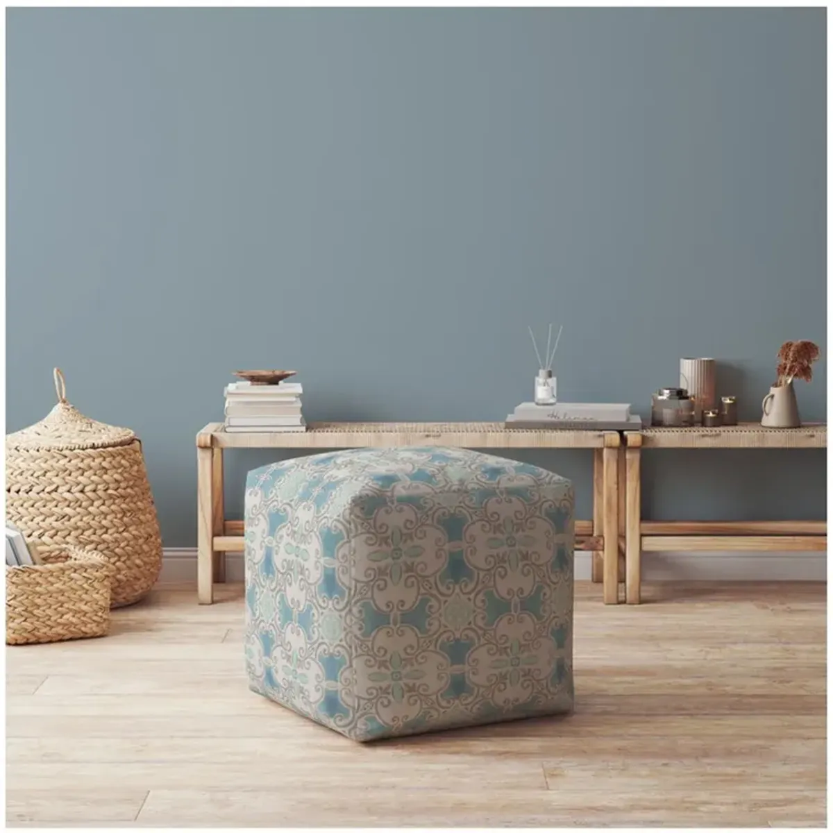 Cotton Ikat Pouf Ottoman - Blue