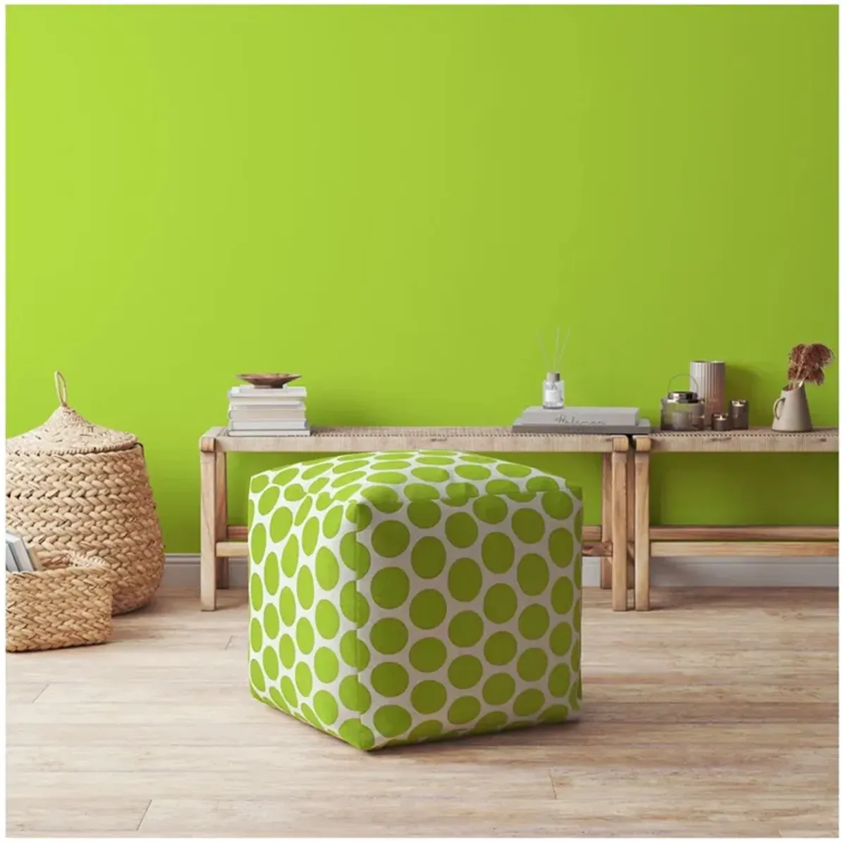 Cotton Polka Dots Pouf Ottoman - Green / White