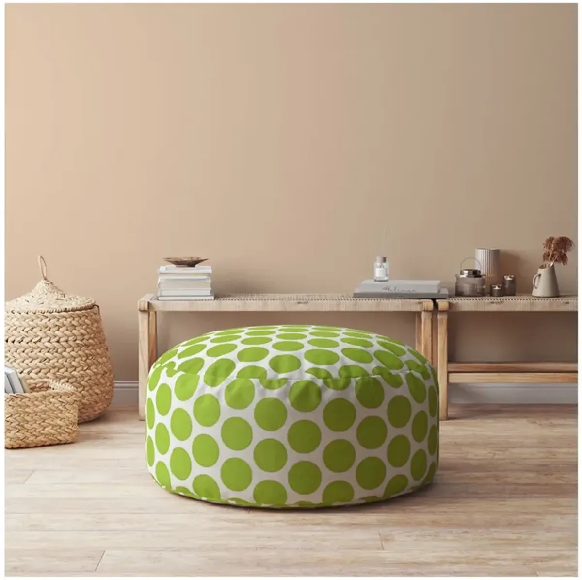 Cotton Round Polka Dots Pouf Ottoman - Green / White