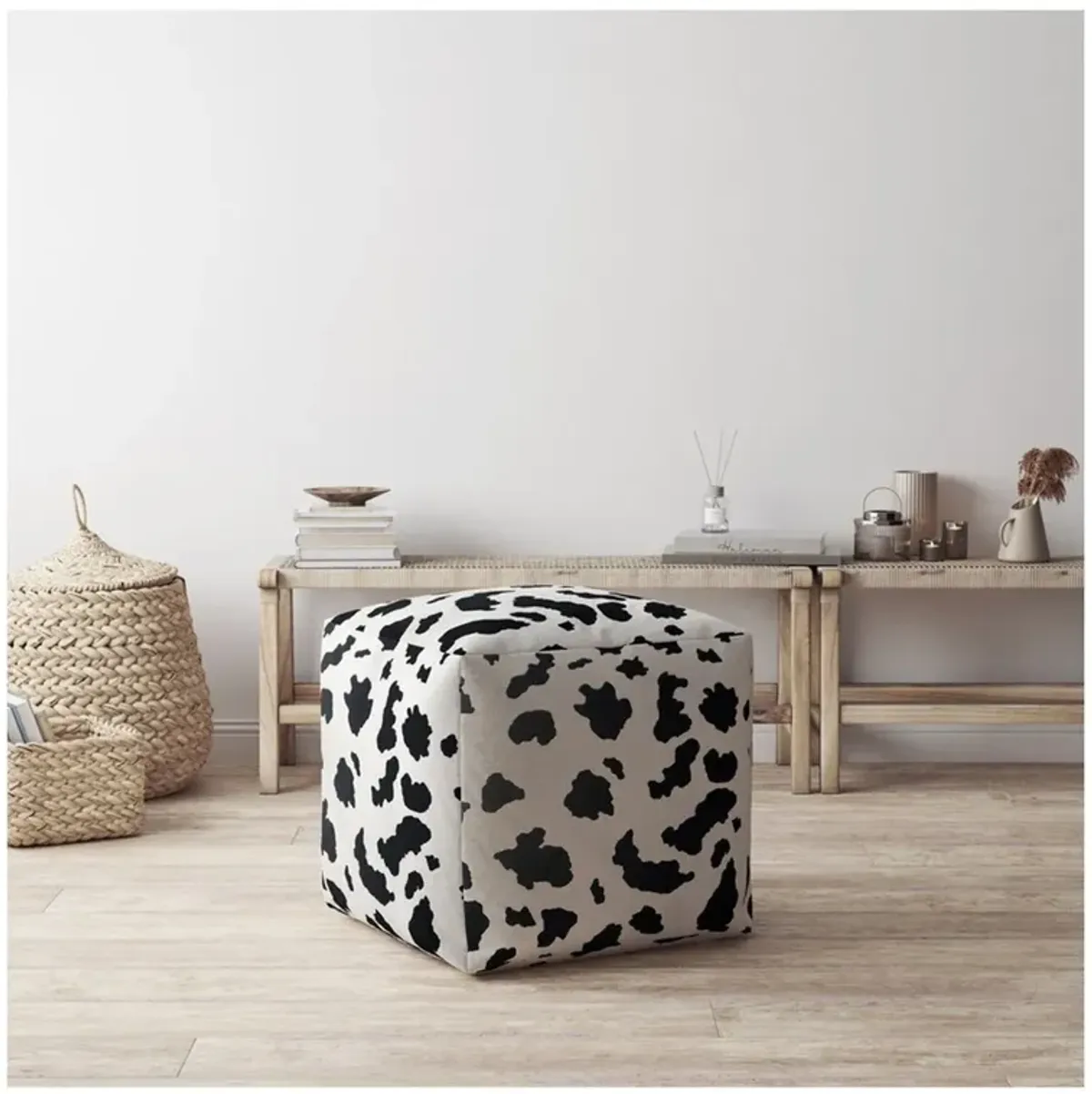 Twill Cow Print Pouf Ottoman - Black / White