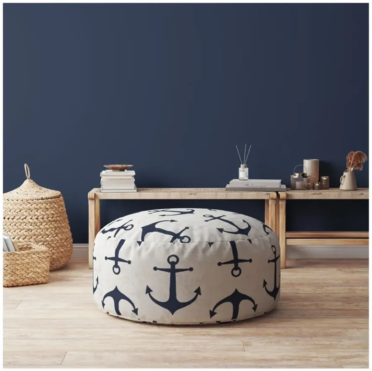 Canvas Round Anchor Pouf Ottoman - Blue / Gray