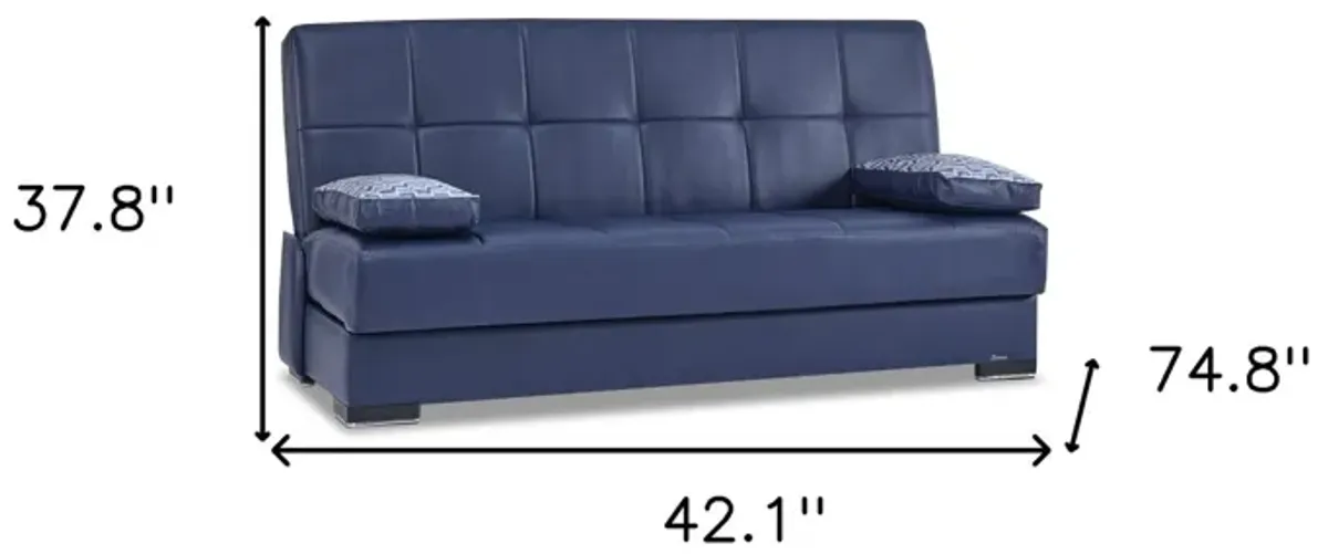 Faux Leather Convertible Futon Sleeper Sofa And Toss Pillows With Brown Legs - Blue