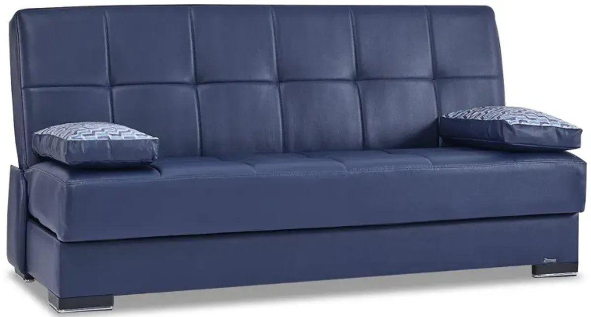 Faux Leather Convertible Futon Sleeper Sofa And Toss Pillows With Brown Legs - Blue