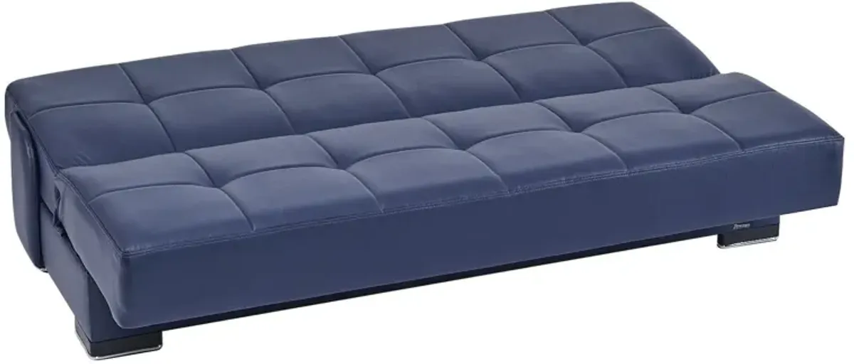 Faux Leather Convertible Futon Sleeper Sofa And Toss Pillows With Brown Legs - Blue