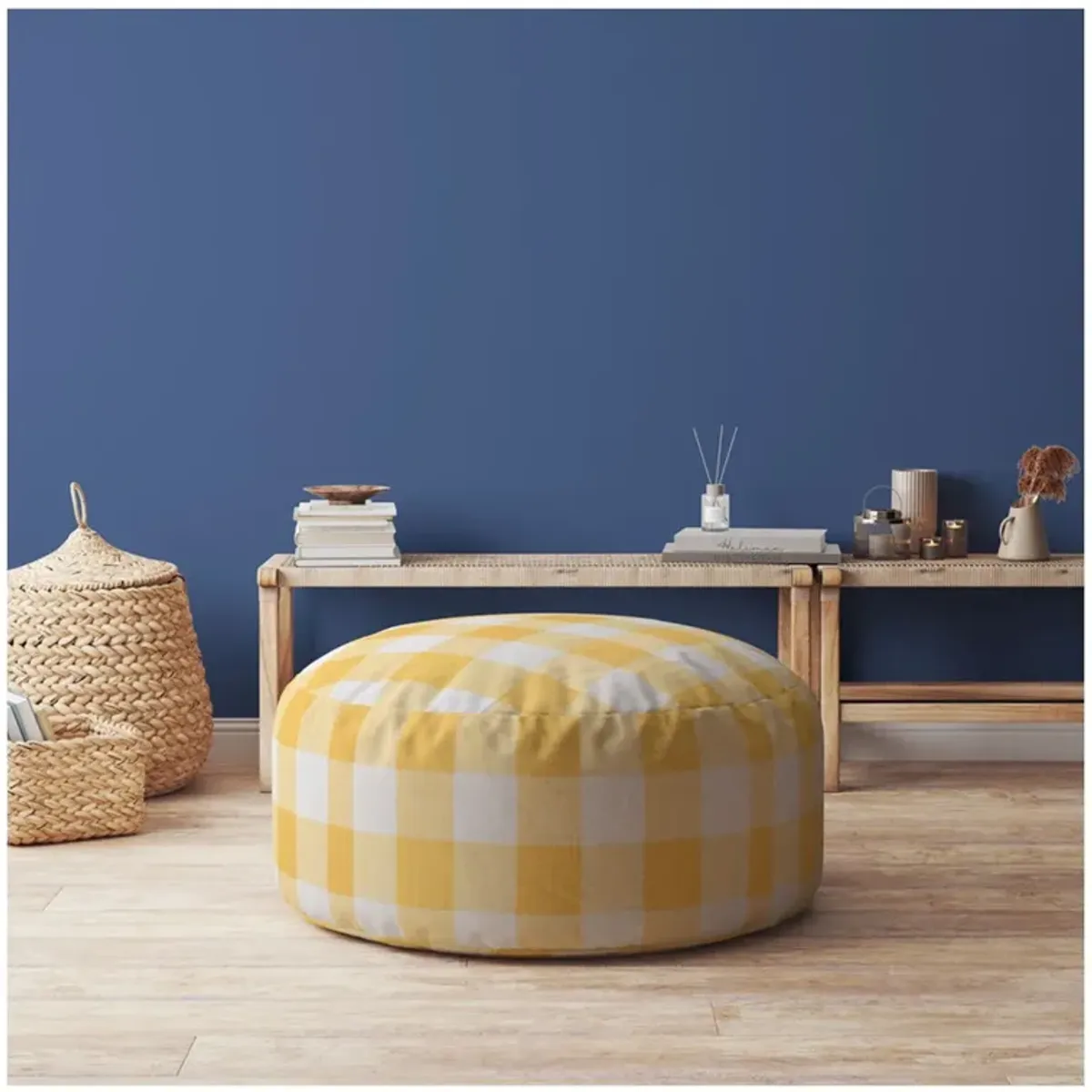 Canvas Round Gingham Pouf Ottoman - Yellow / White