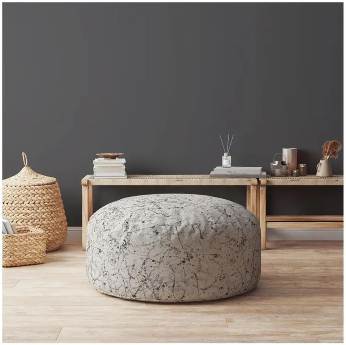 Cotton Round, Abstract Pouf Ottoman - Beige