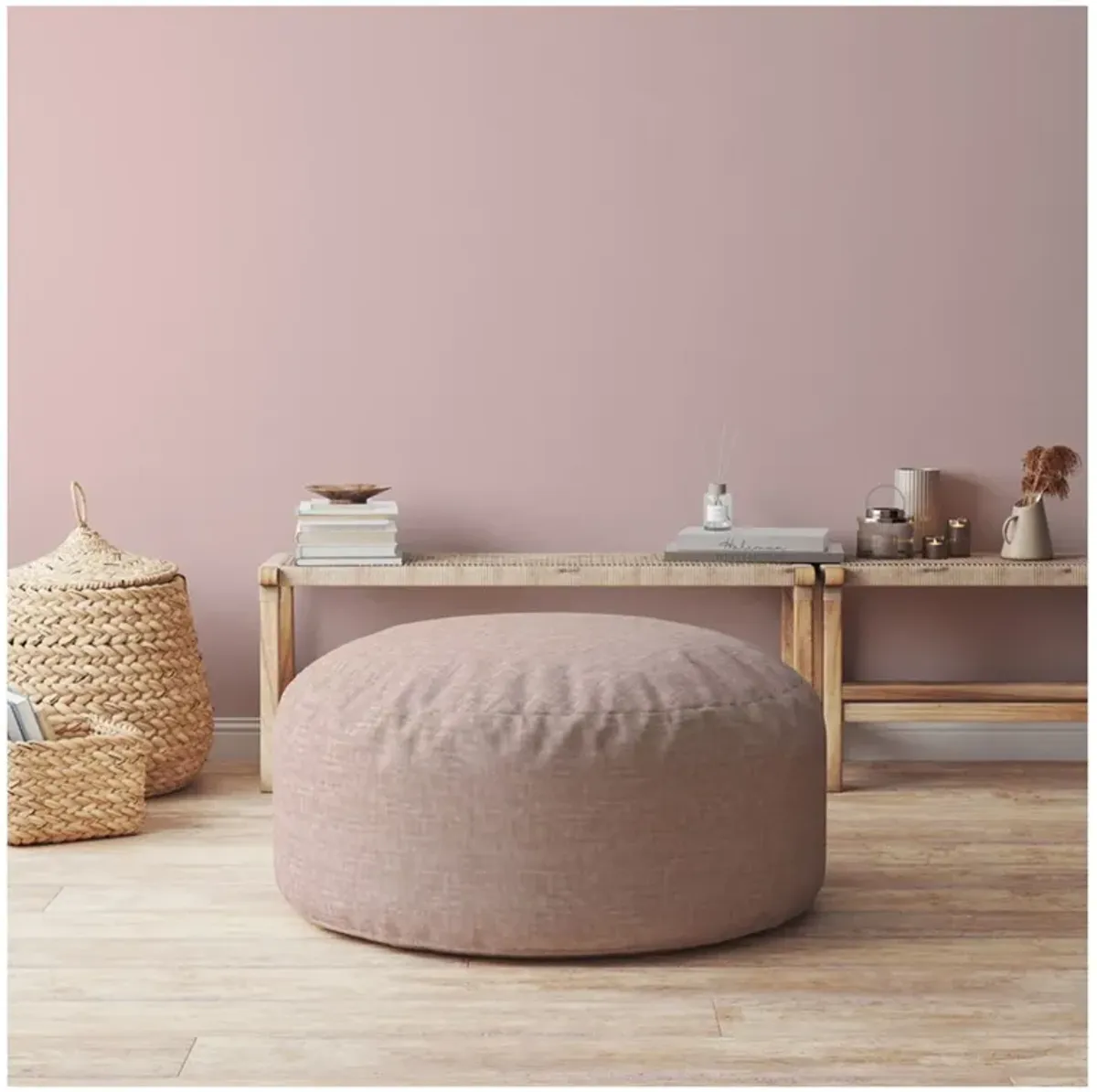 Cotton Round Pouf Ottoman - Pink