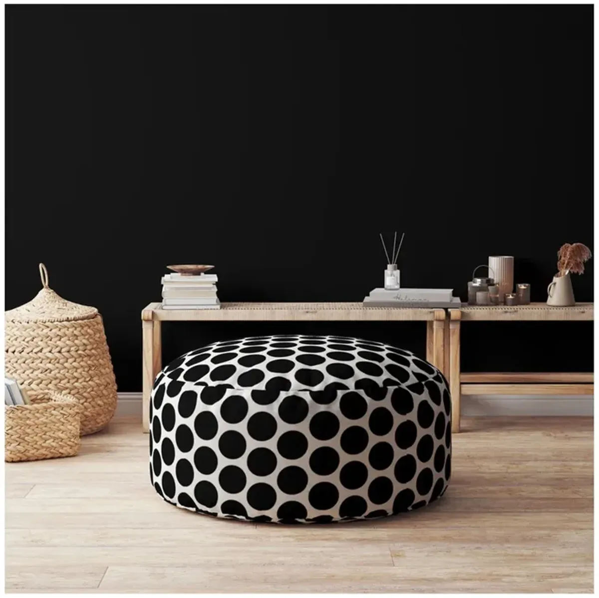 Cotton Round Polka Dots Pouf Ottoman - Black / White