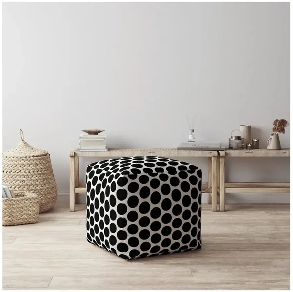 Cotton Polka Dots Pouf Ottoman - Black / White