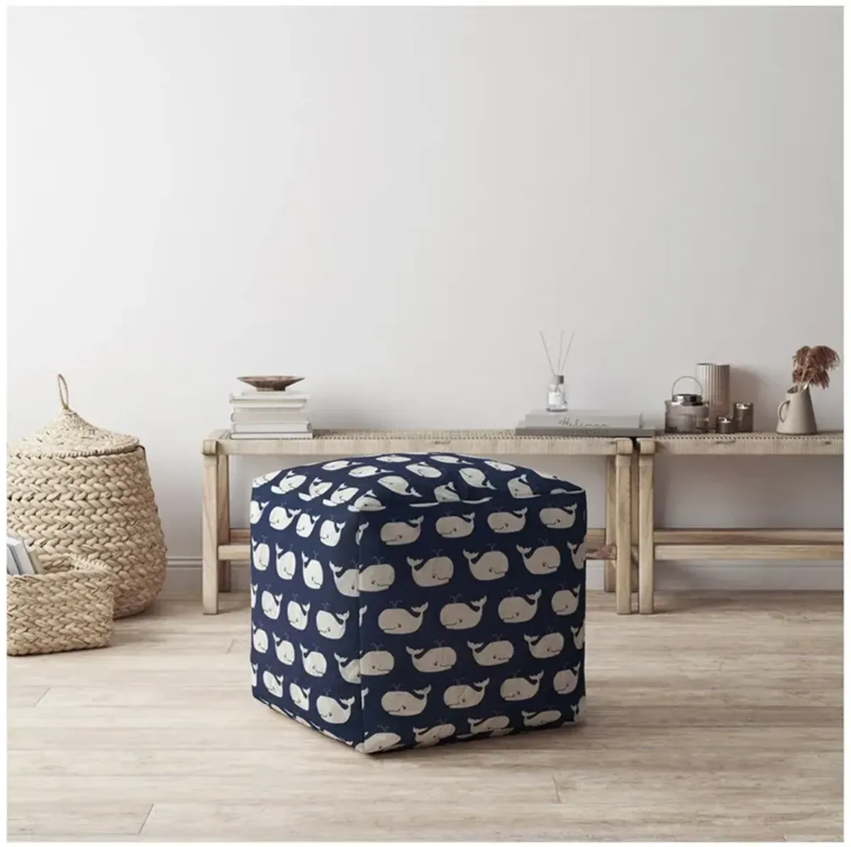 Twill Animal Print Pouf Ottoman - Blue / White