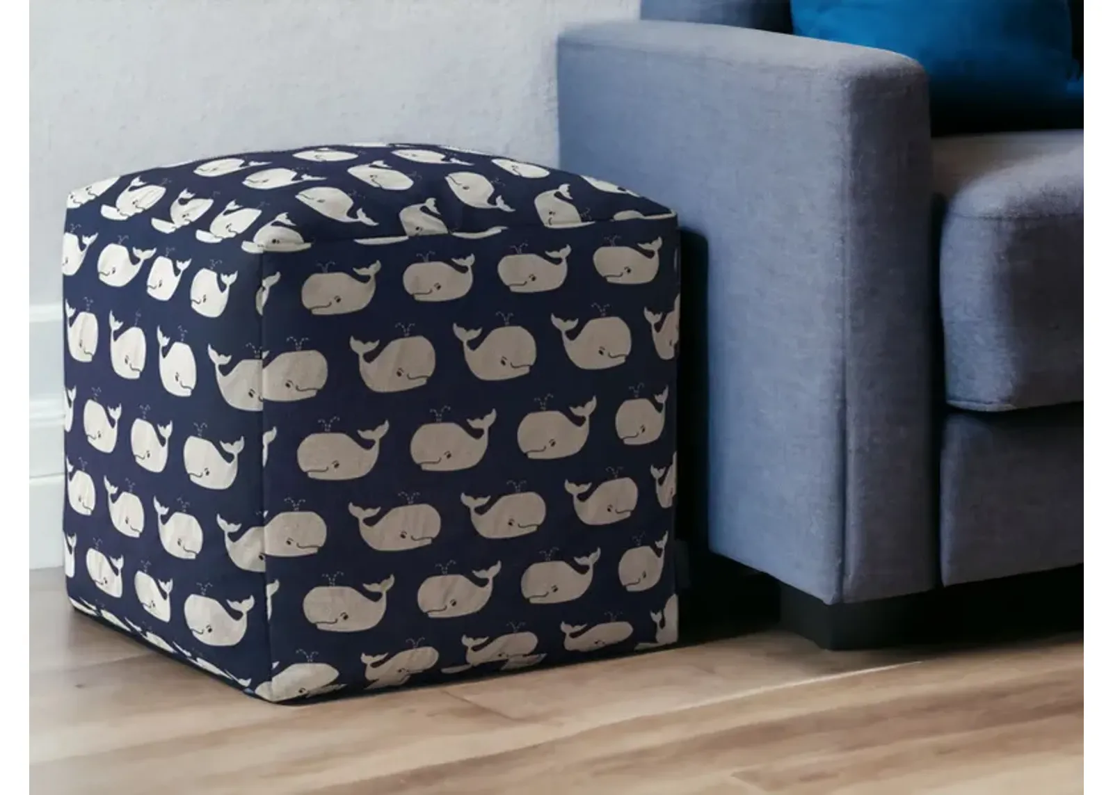 Twill Animal Print Pouf Ottoman - Blue / White