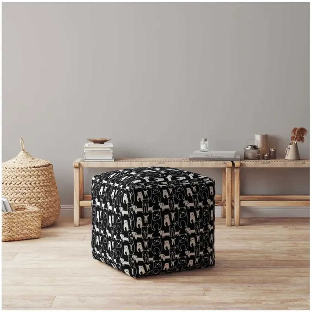 Cotton Animal Print Pouf Ottoman - Black