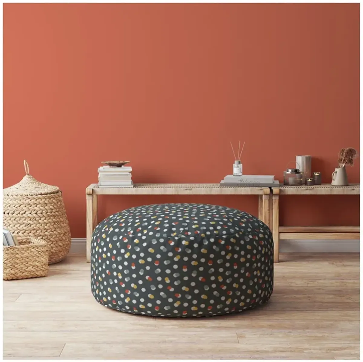 Cotton Round Floral Pouf Ottoman - Blue