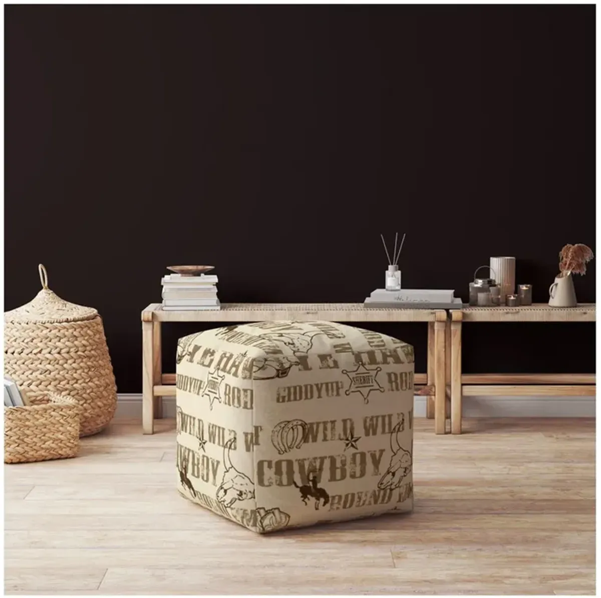 Cotton Animal Print Pouf Ottoman - Brown