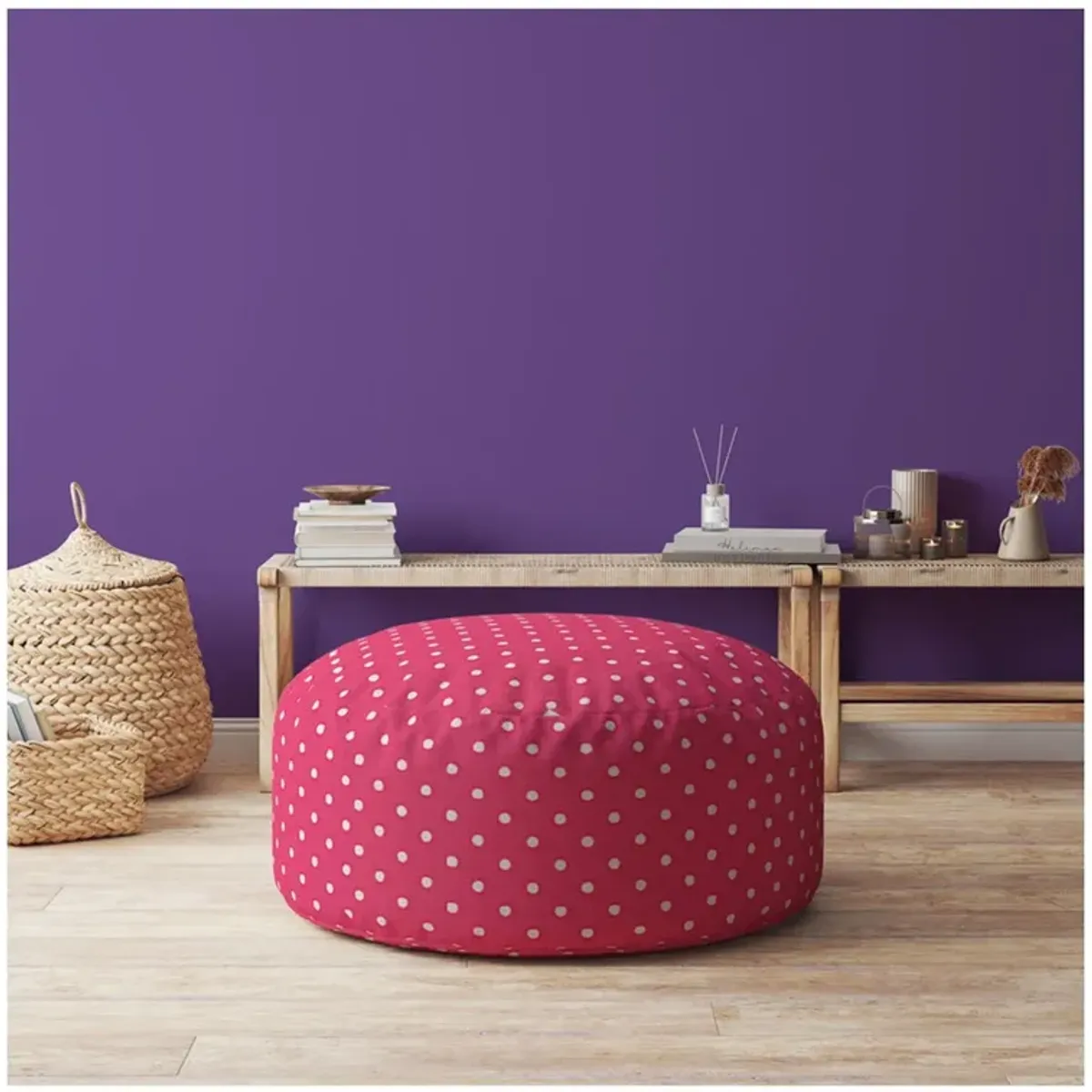 Cotton Round Polka Dots Pouf Ottoman - Pink