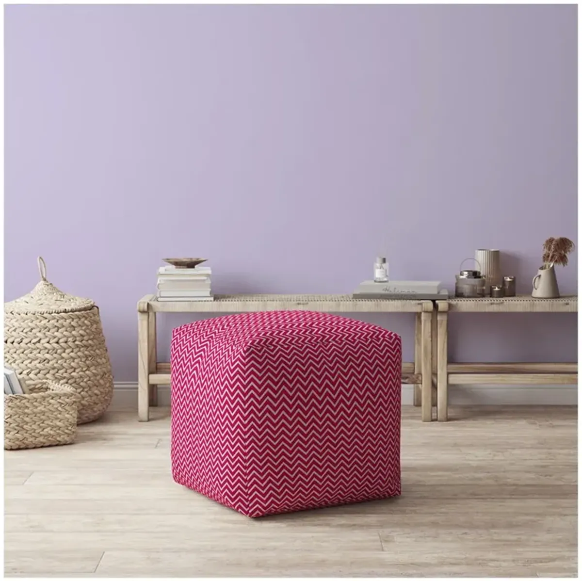 Cotton Chevron Pouf Ottoman - Pink