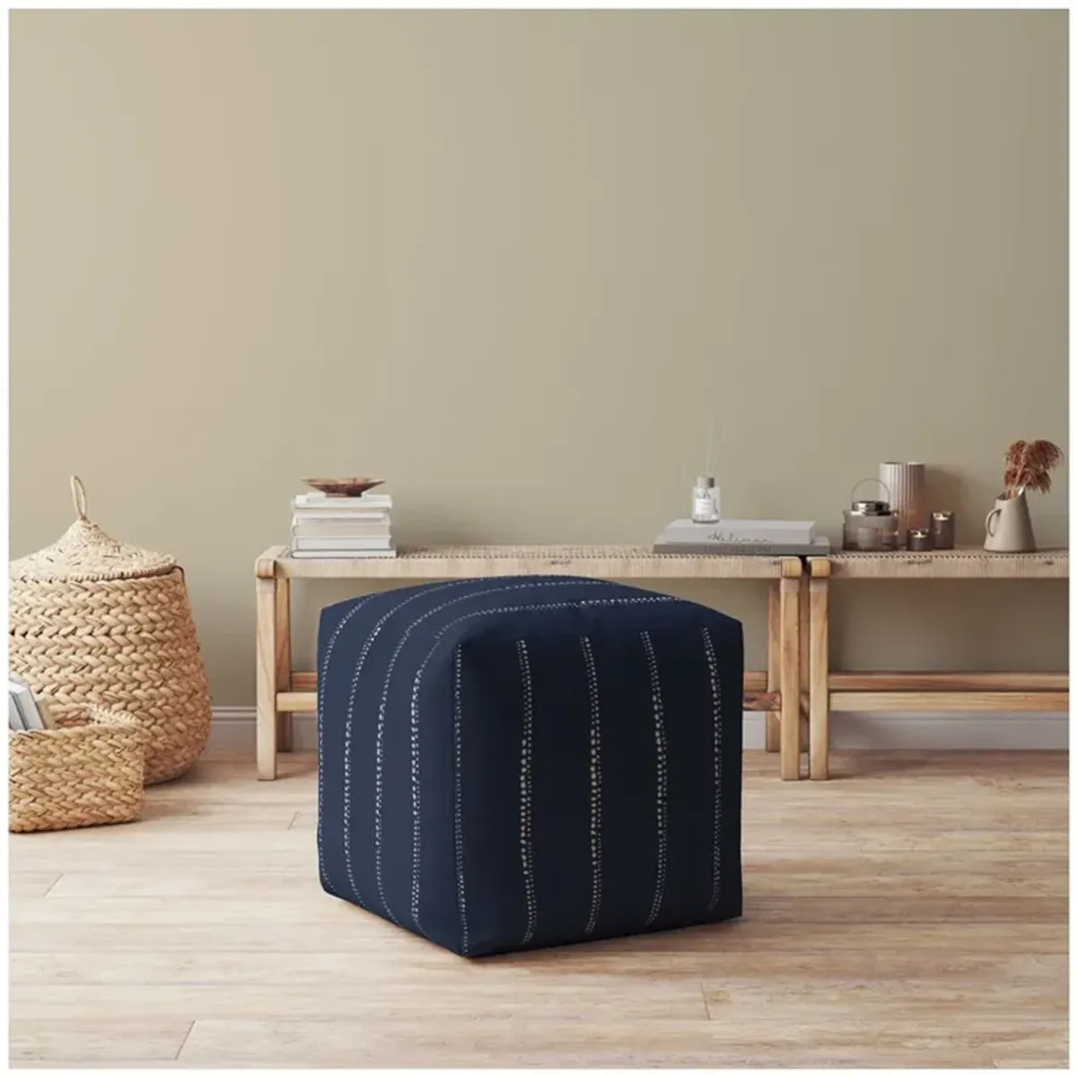 Cotton Striped Pouf Ottoman - Blue