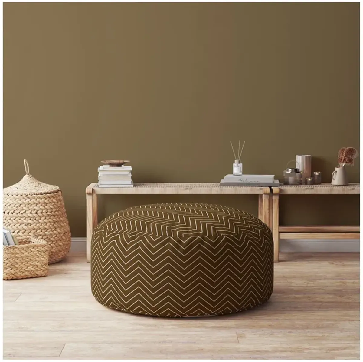 Cotton Round Chevron Pouf Ottoman - Brown