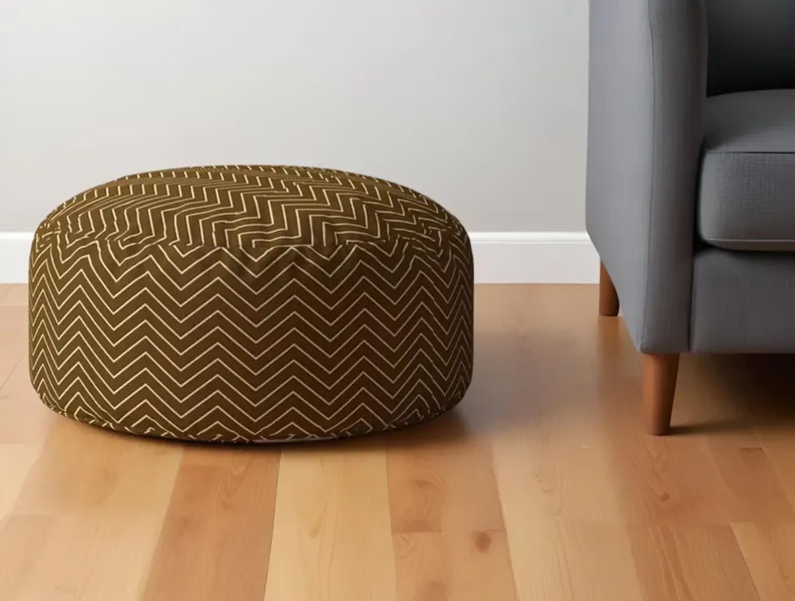 Cotton Round Chevron Pouf Ottoman - Brown