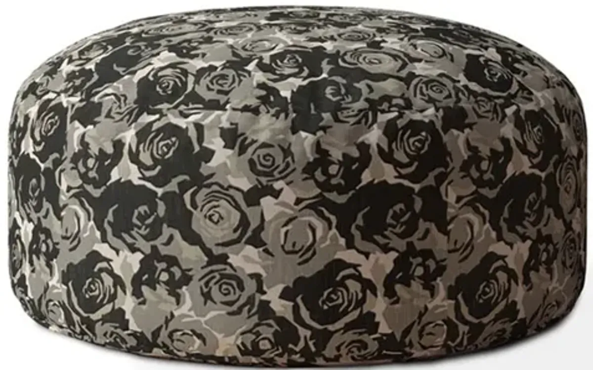 Canvas Round Floral Pouf Ottoman - Beige