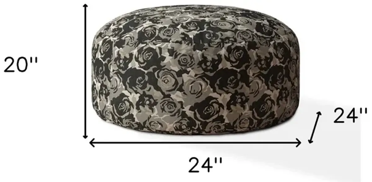 Canvas Round Floral Pouf Ottoman - Beige