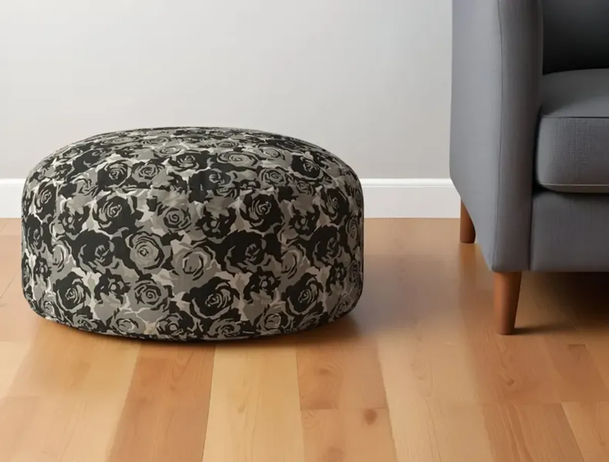 Canvas Round Floral Pouf Ottoman - Beige