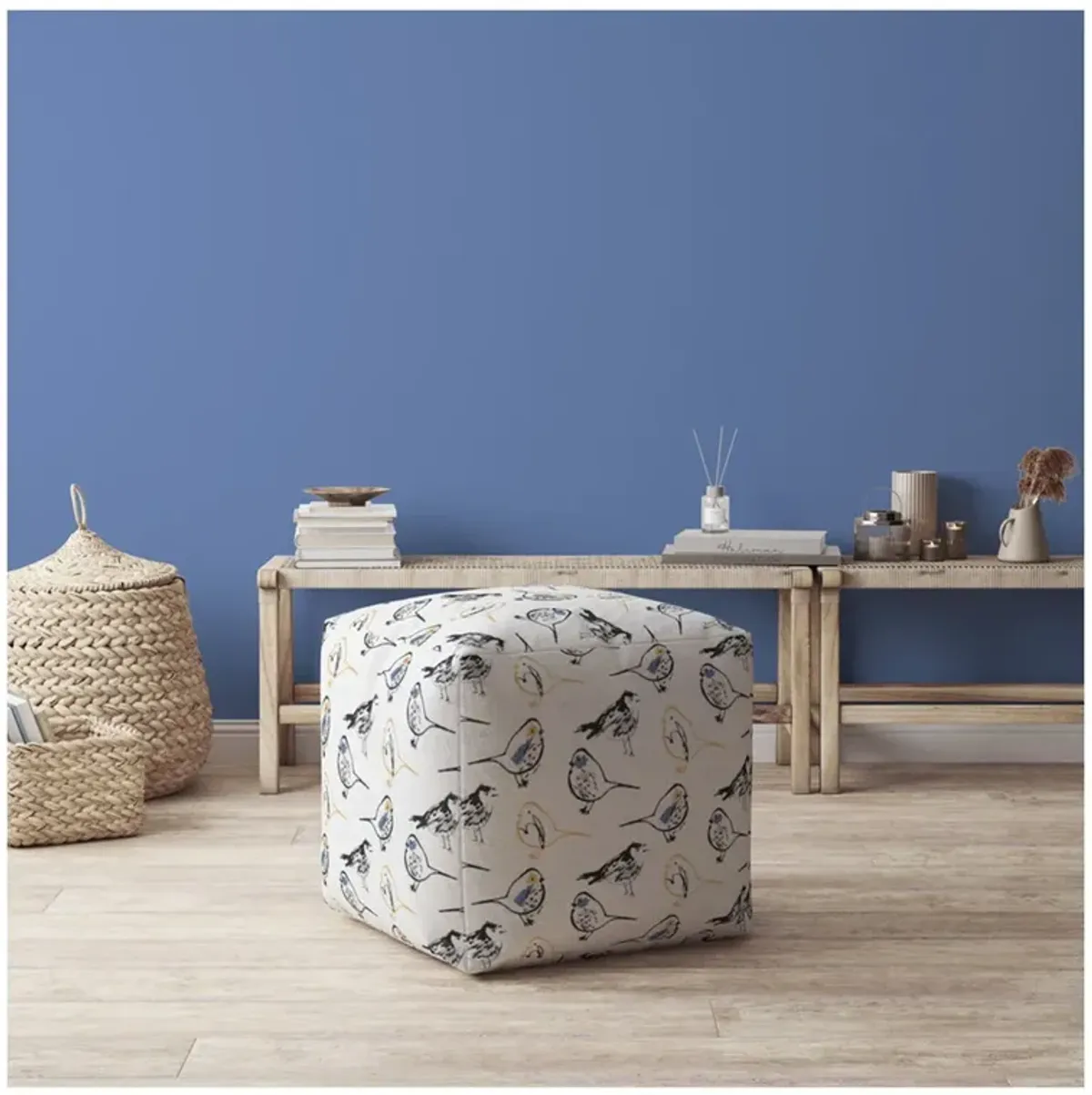 Canvas Birds Pouf Ottoman - Yellow / White